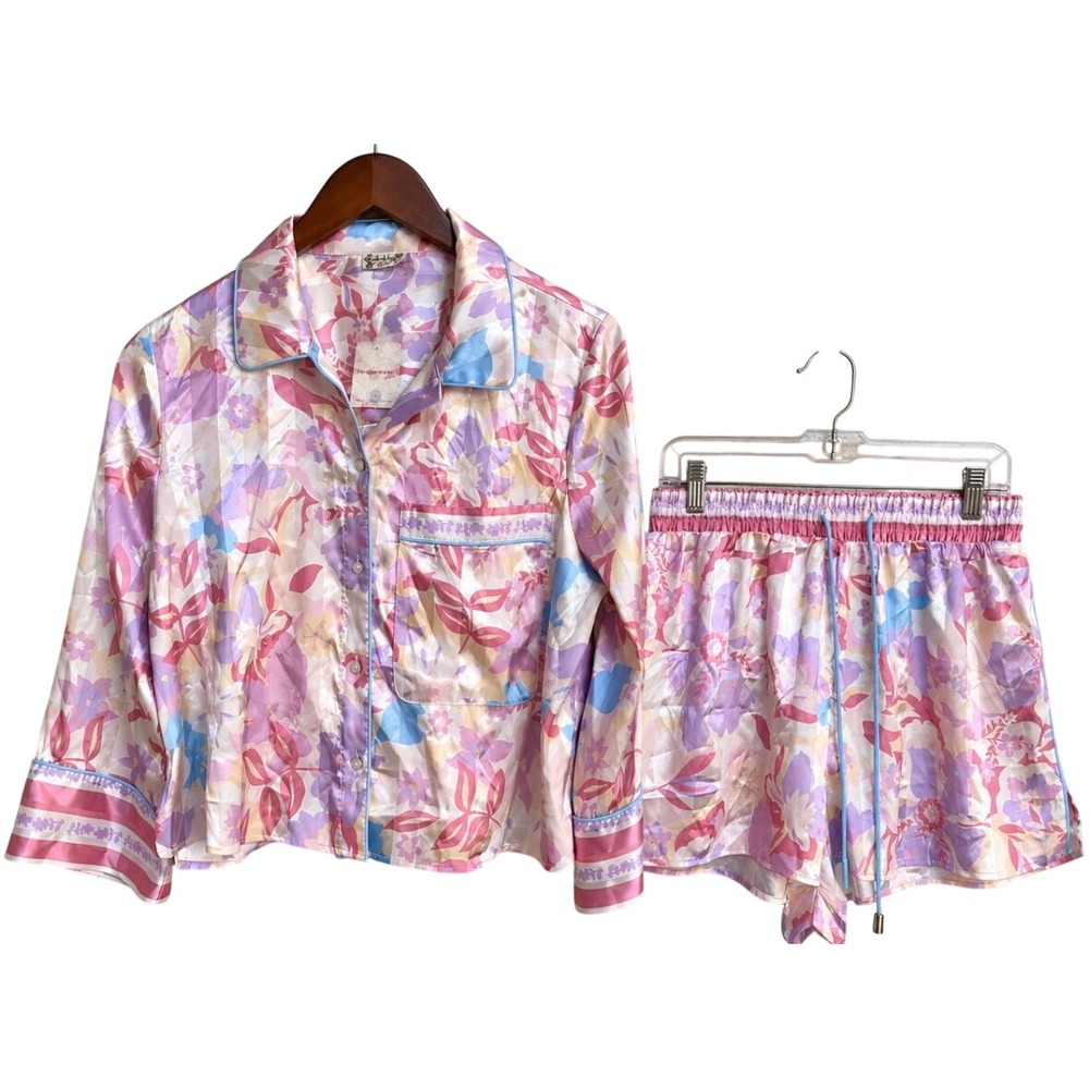 NWT Intimately Free People Pajama Set Floral Satin Top Shorts Soft Combo M